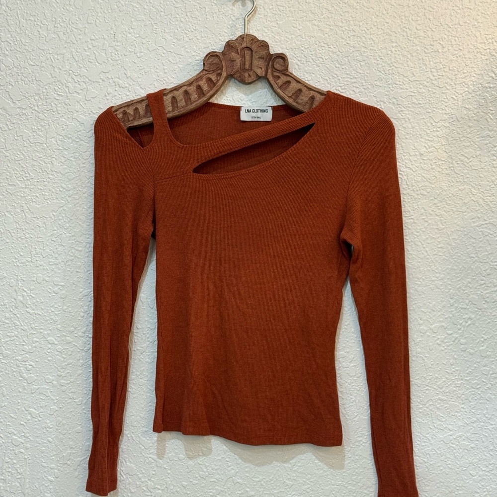 LNA Women's Burnt Orange Cutout Long Sleeve Top